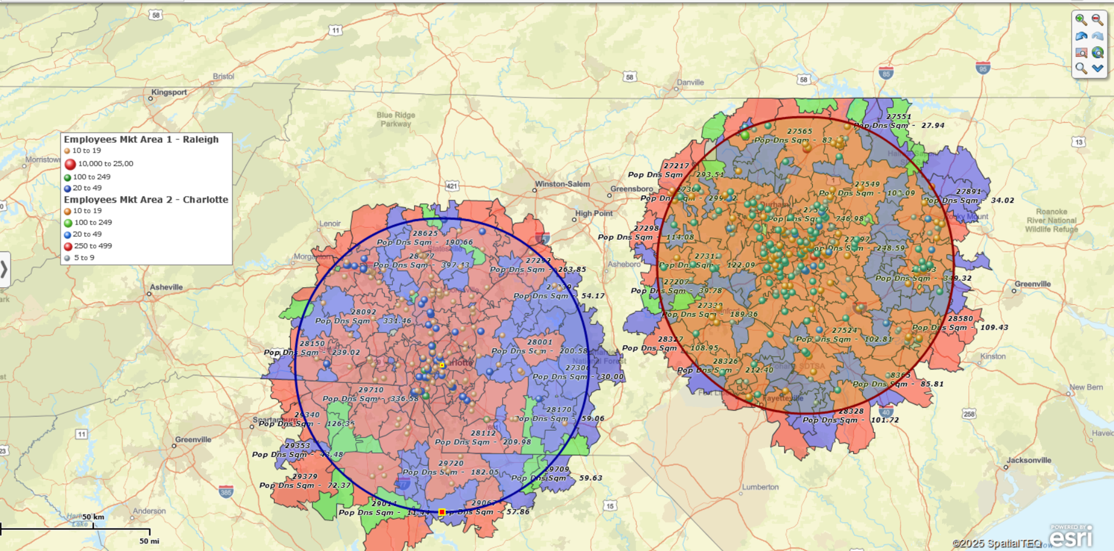 ZIP code colorcoded radius map