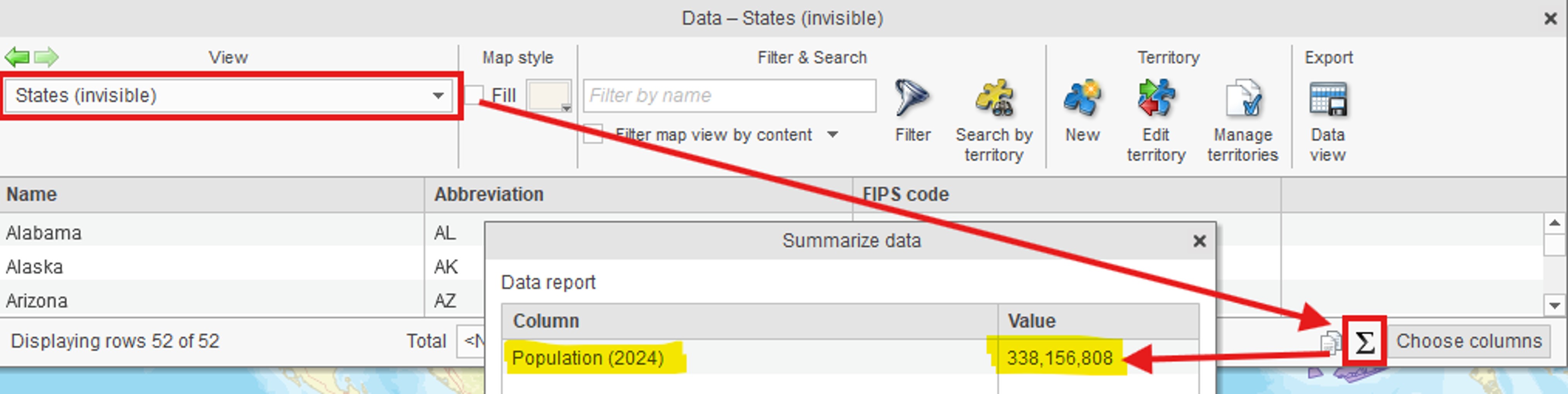 Calculate the total US population in MapBusinessOnline