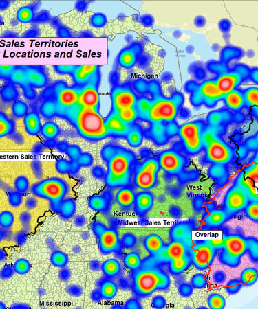 Industrial supply sales territories and customer sales heat map