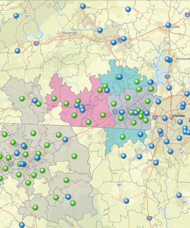 Multiple locations on a color-coded map