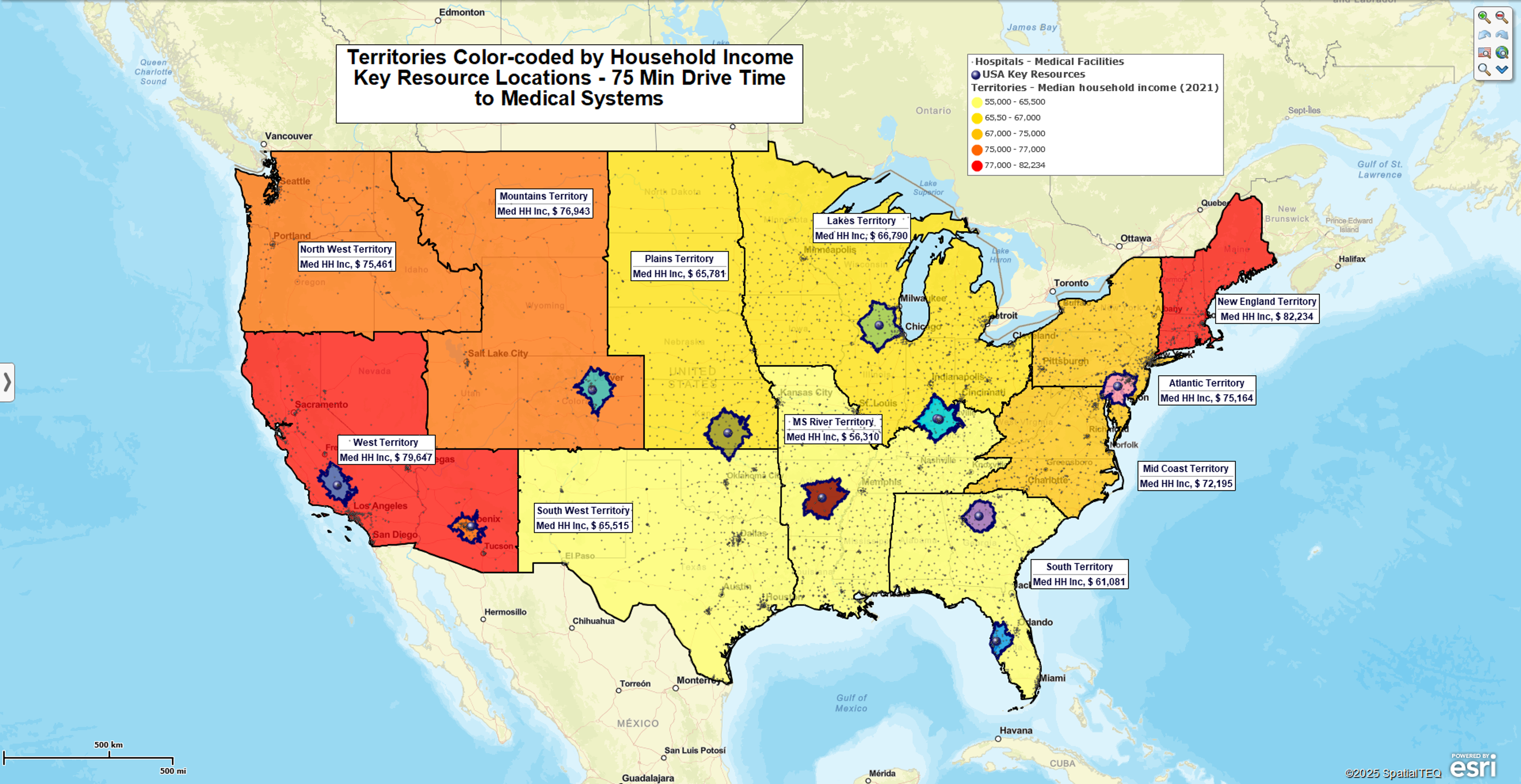 USA Territory map with 75 min Drive time polygons querying hospitals around critical resource locations