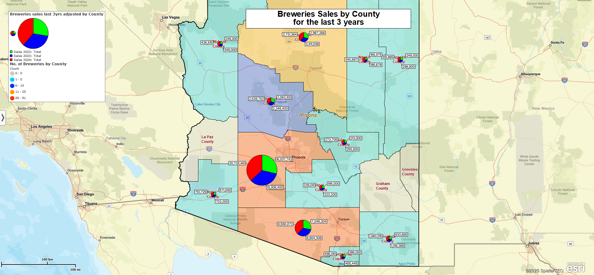 USA brewery sales for 3 years - chart map