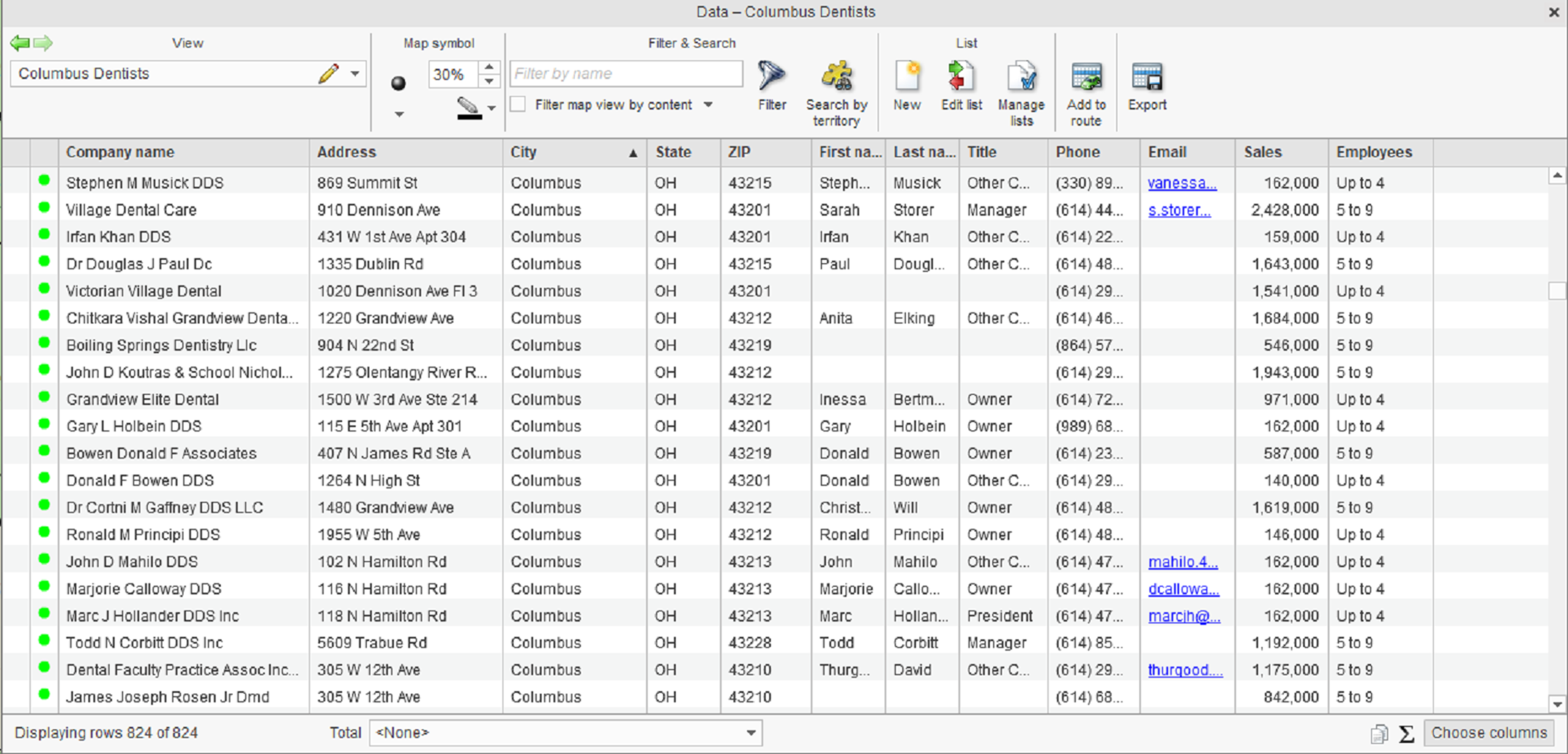 A sample of dentistry practice business listings available in MapBusinessOnline