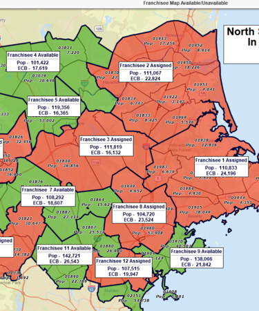 Franchisee territory map displays territories under contract (red), and territories available for sale (green)