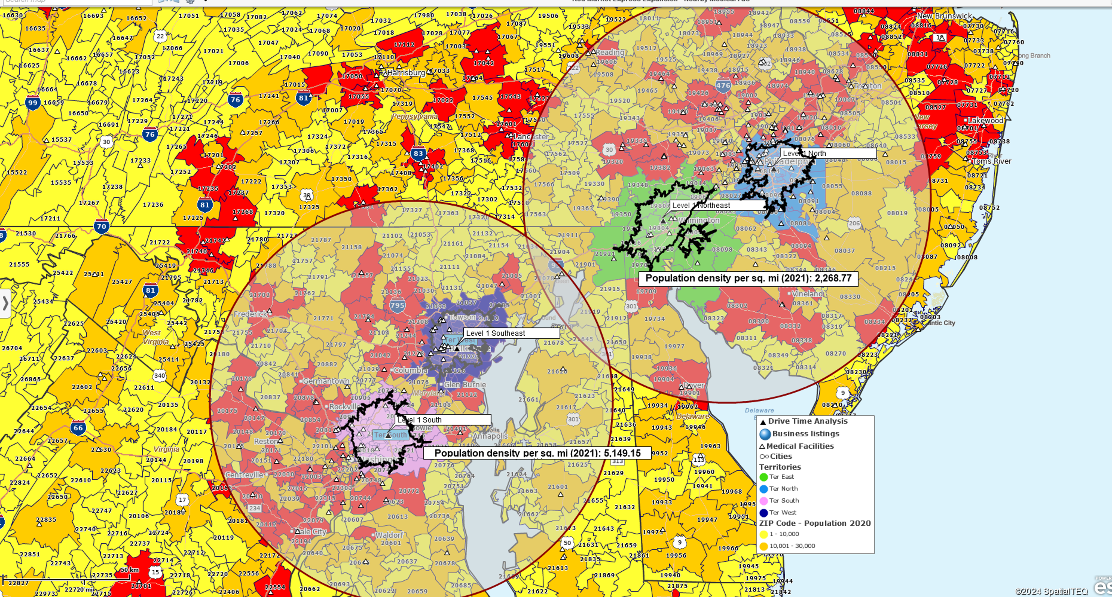 Radius search of demographic data over a territory map