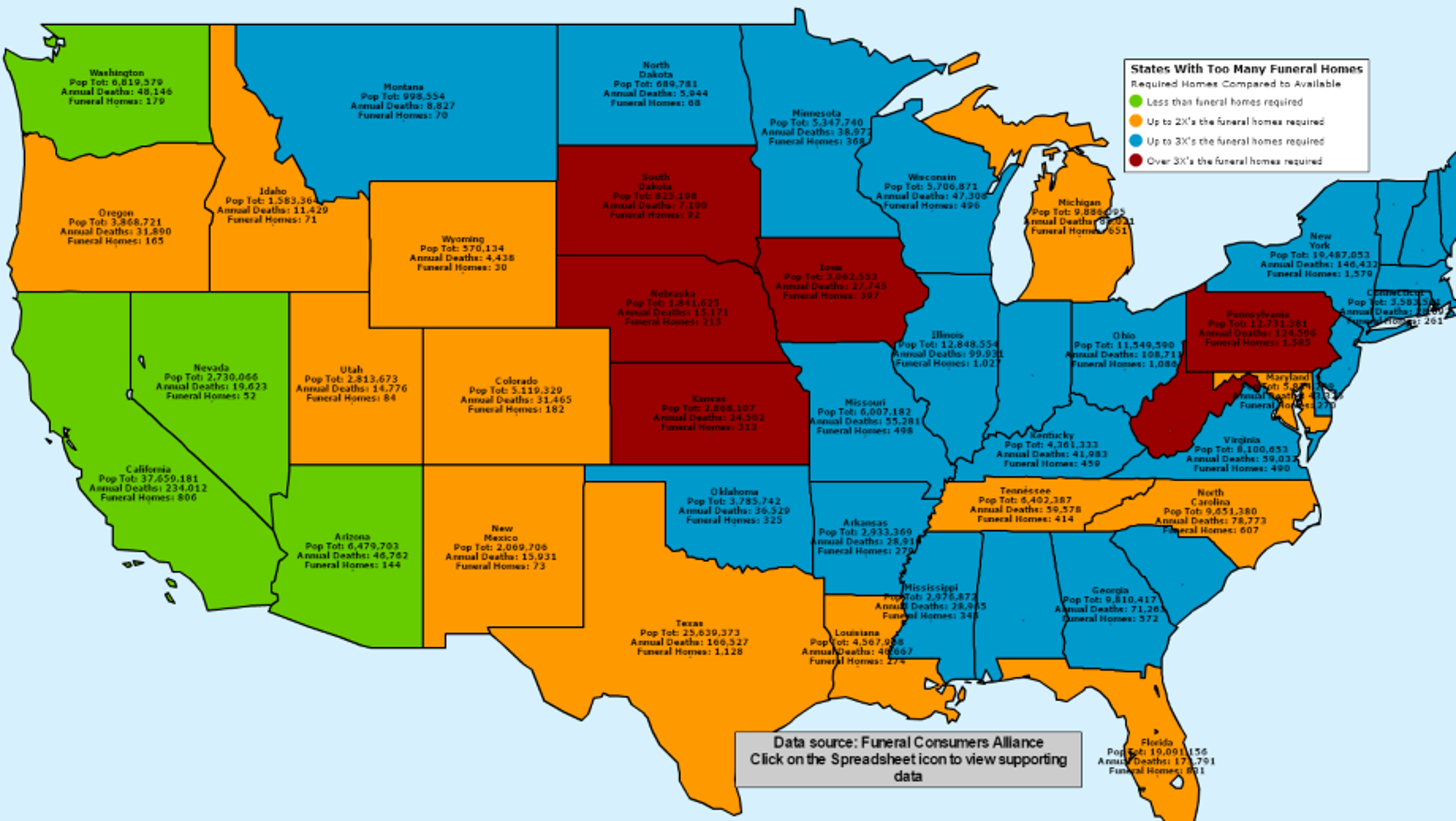 Map of funeral home quantities across the U.S.