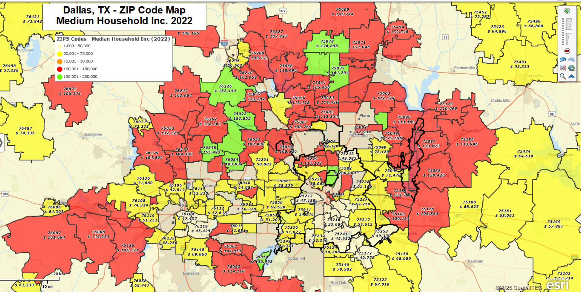 Dallas, TX ZIP code map color coded by median household income