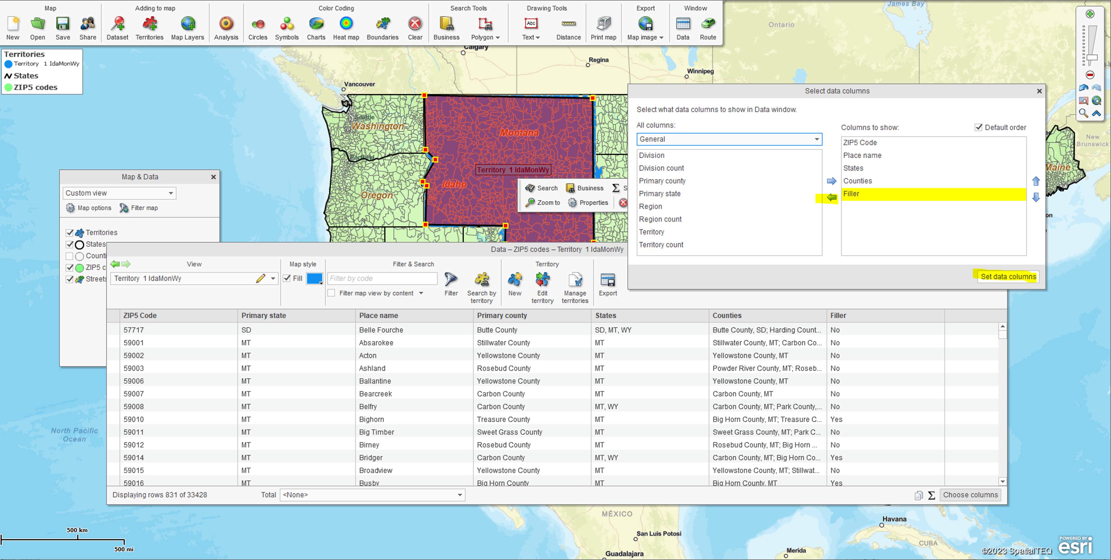 Select data columns window