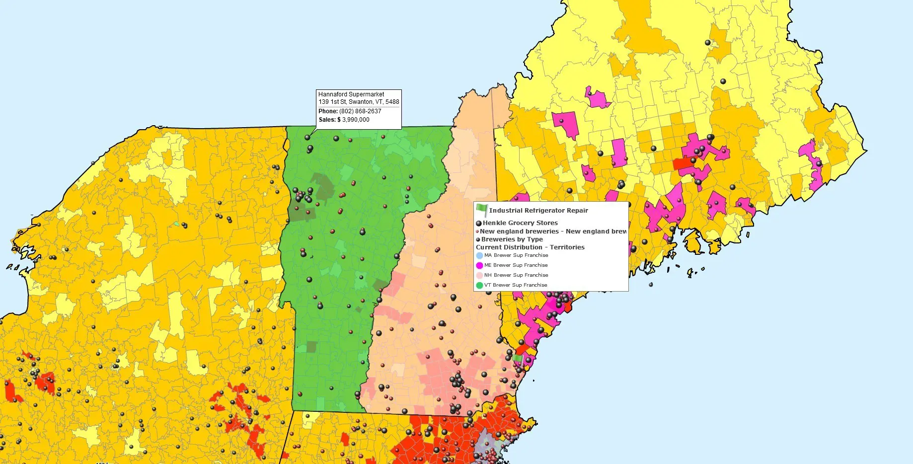 Customer locations over a color-coded territory map
