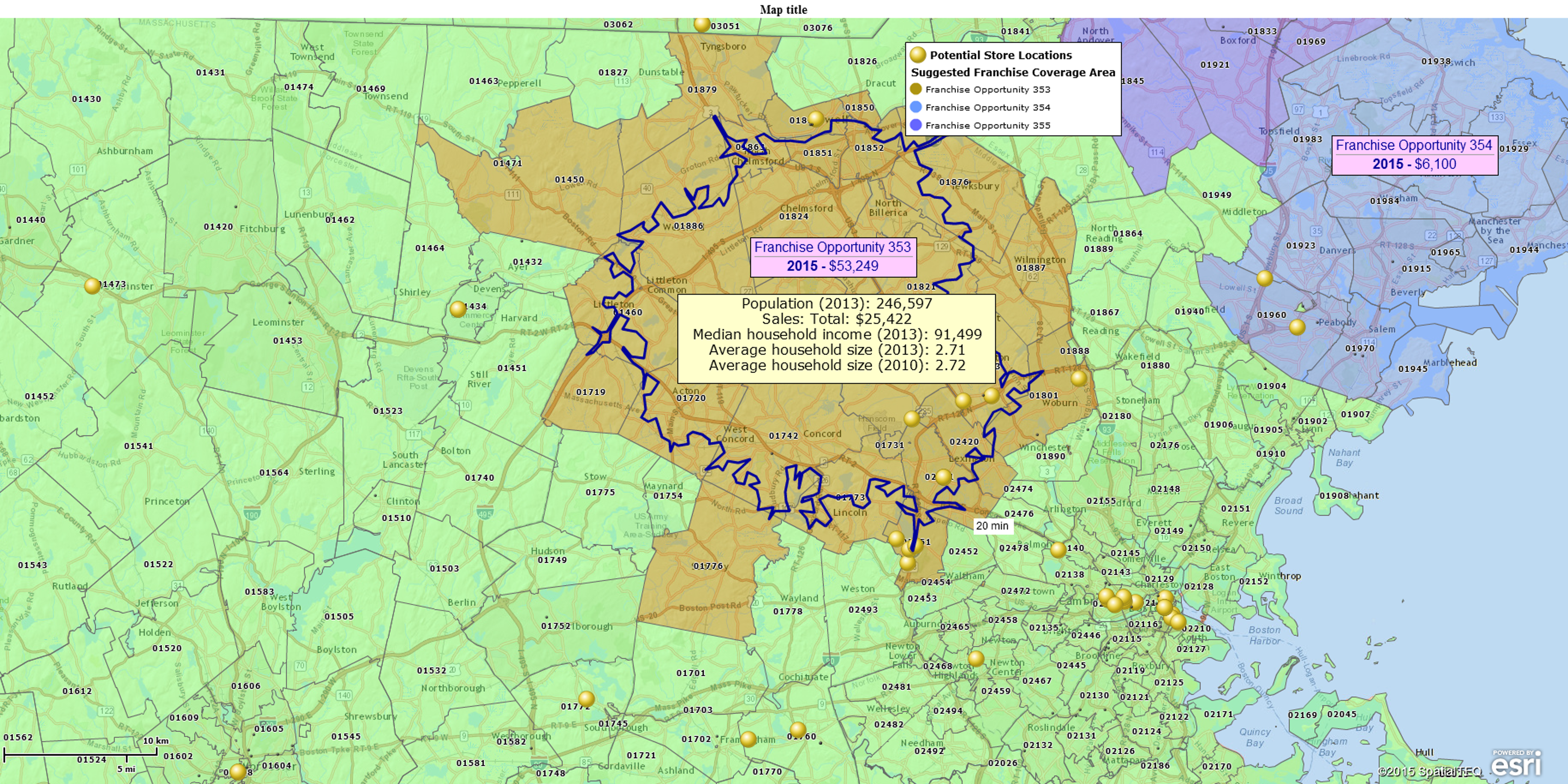 20 minute drive time potential franchise area map