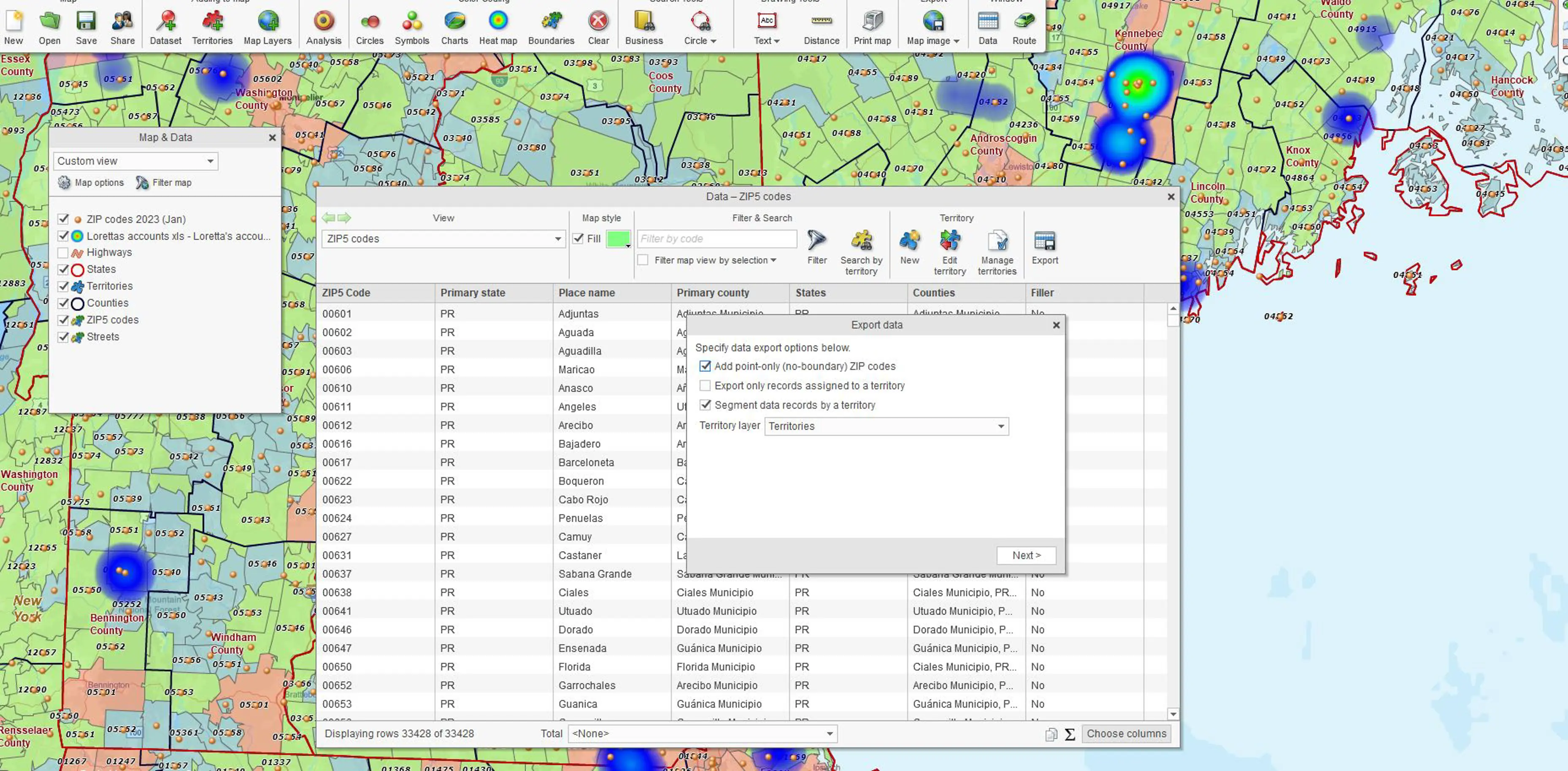 Export ZIP codes segmented by county