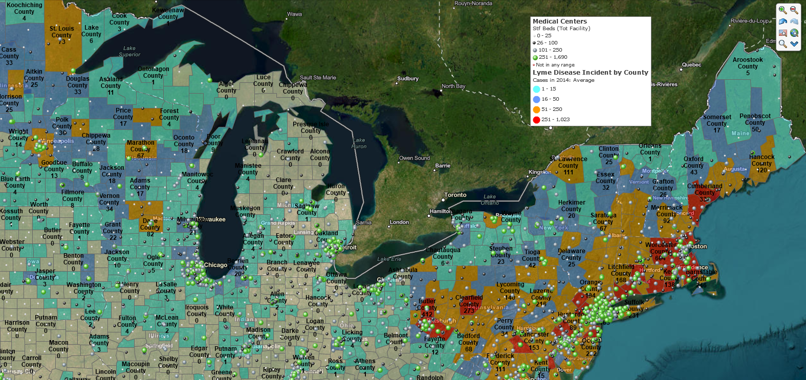 Lyme Disease cases by county and medical facilities color-coded by the number of beds