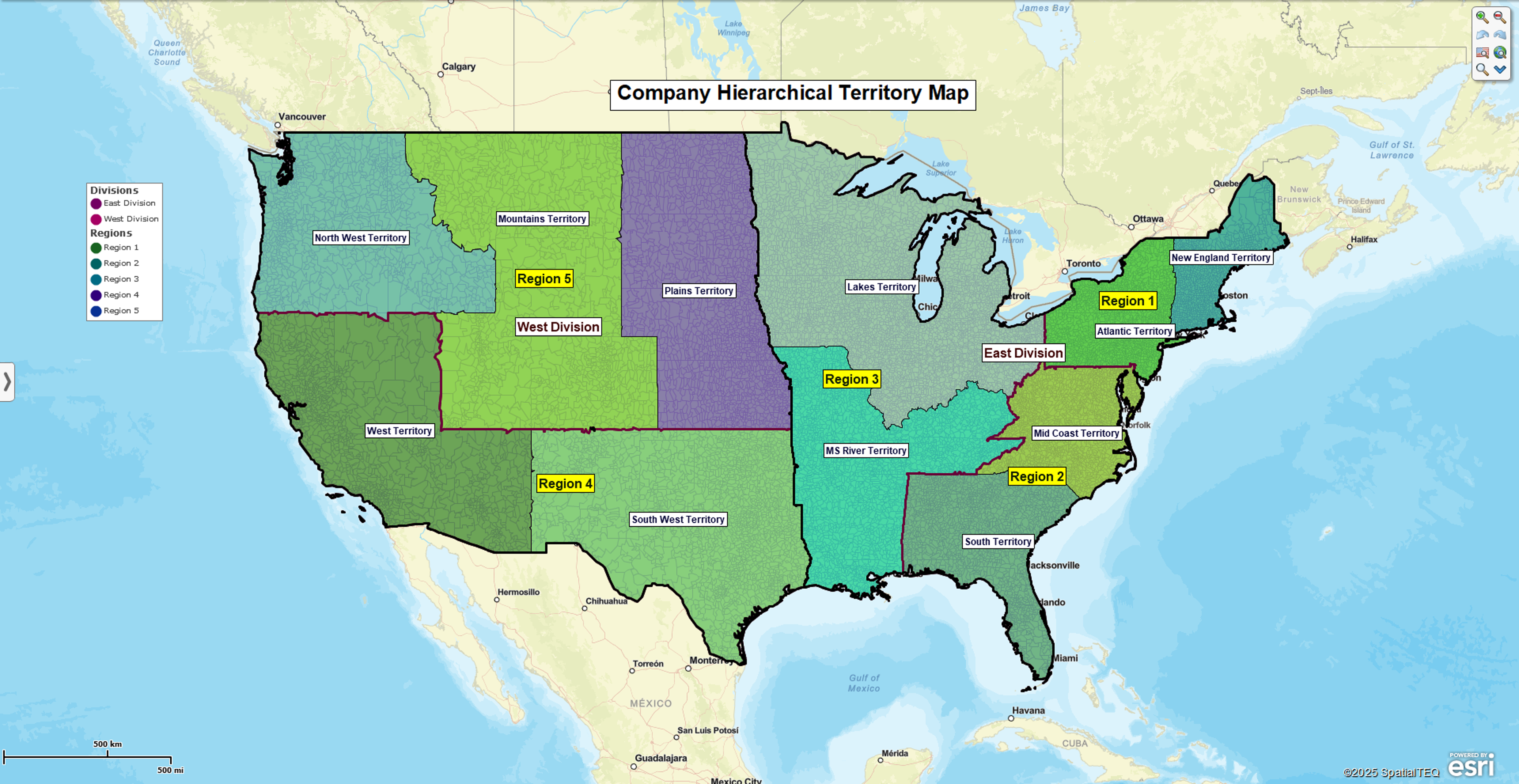 Hierarchical company territory map showing regions and divisions created using MapBusinessOnline Standard