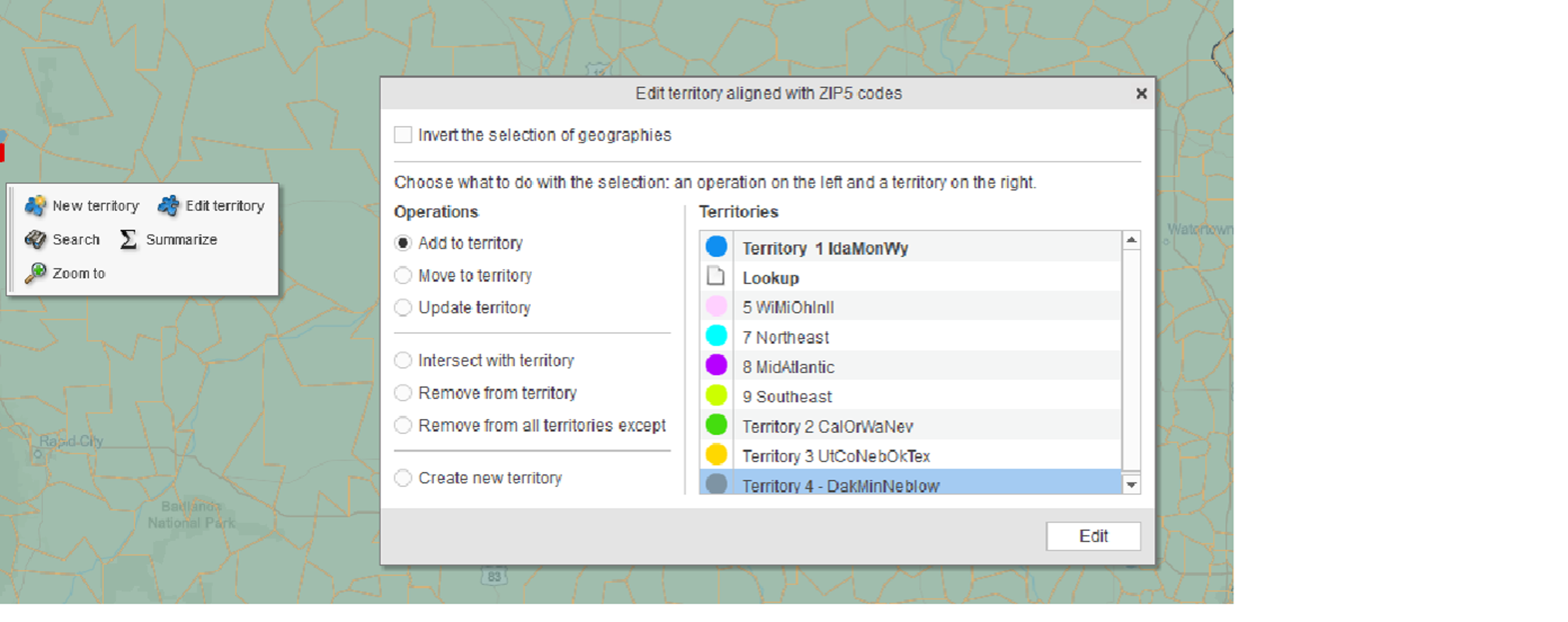 Edit territory window