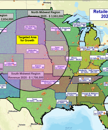 Sales territory map with a targeted area for growth