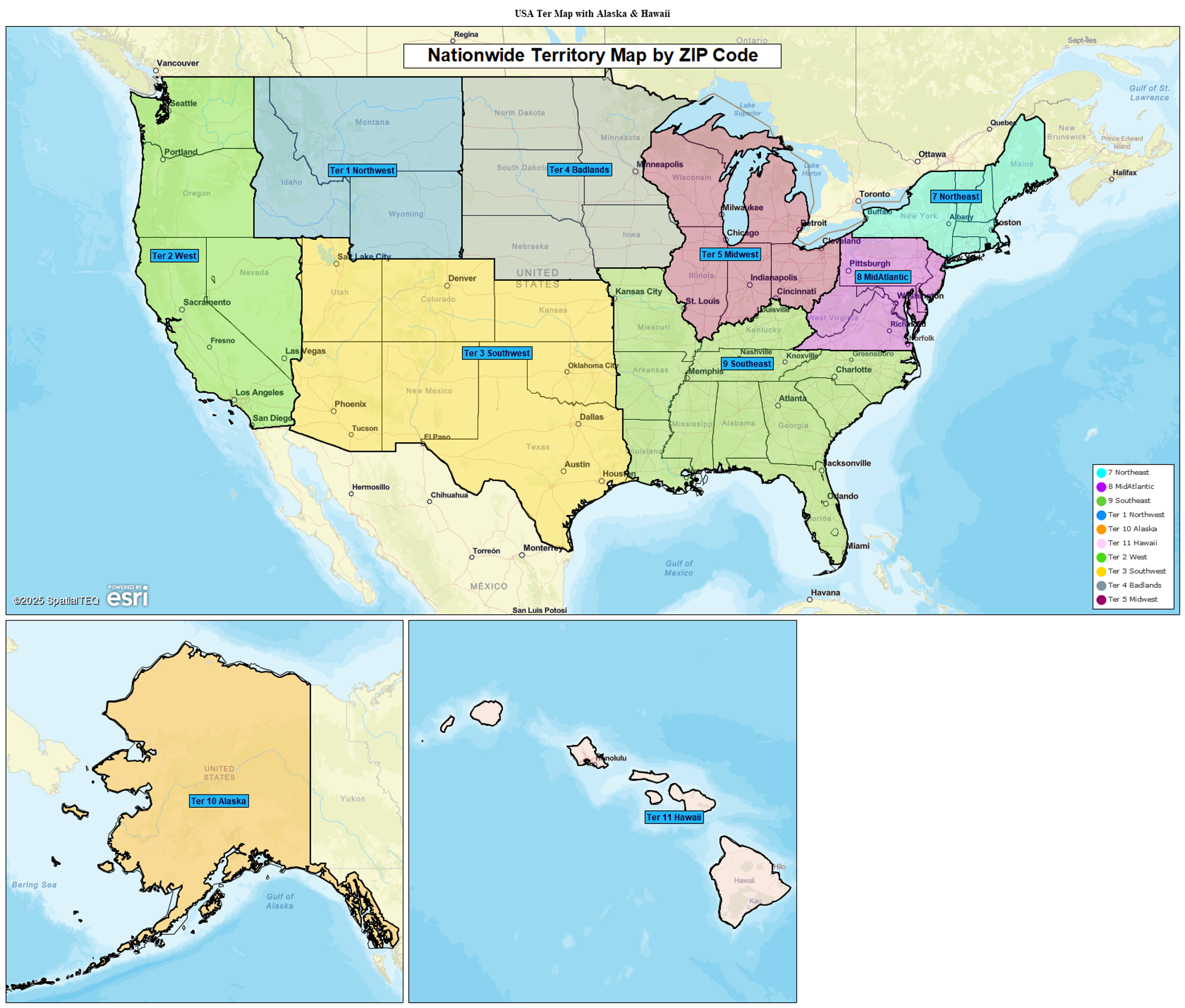Conterminous USA territory map with Alaska and Hawaii