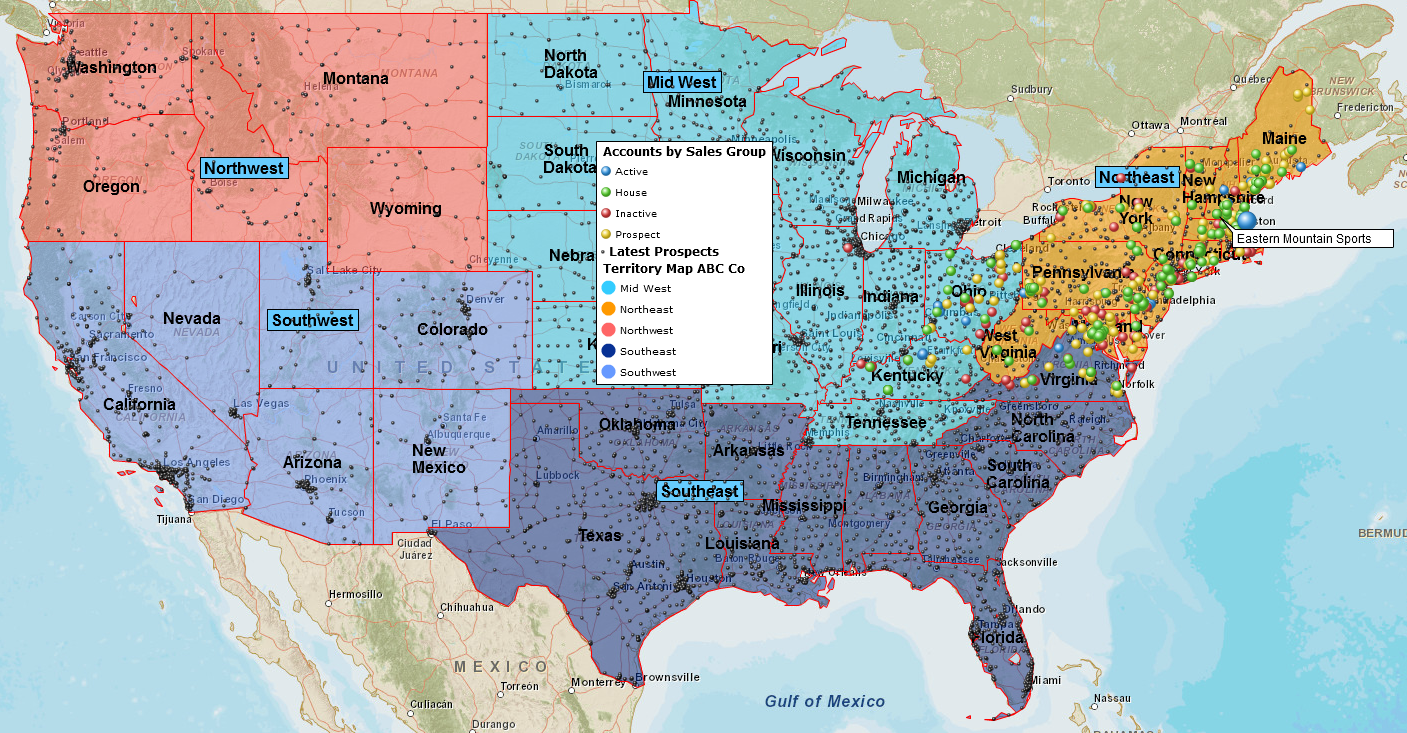 Accounts and prospects on a nationwide territory map