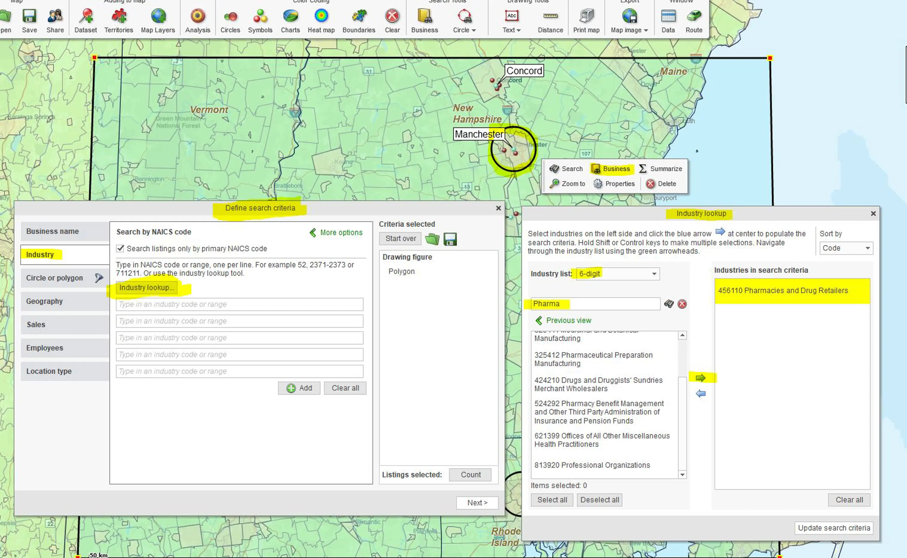 Searching for business listings by industry using MapBusinessOnline