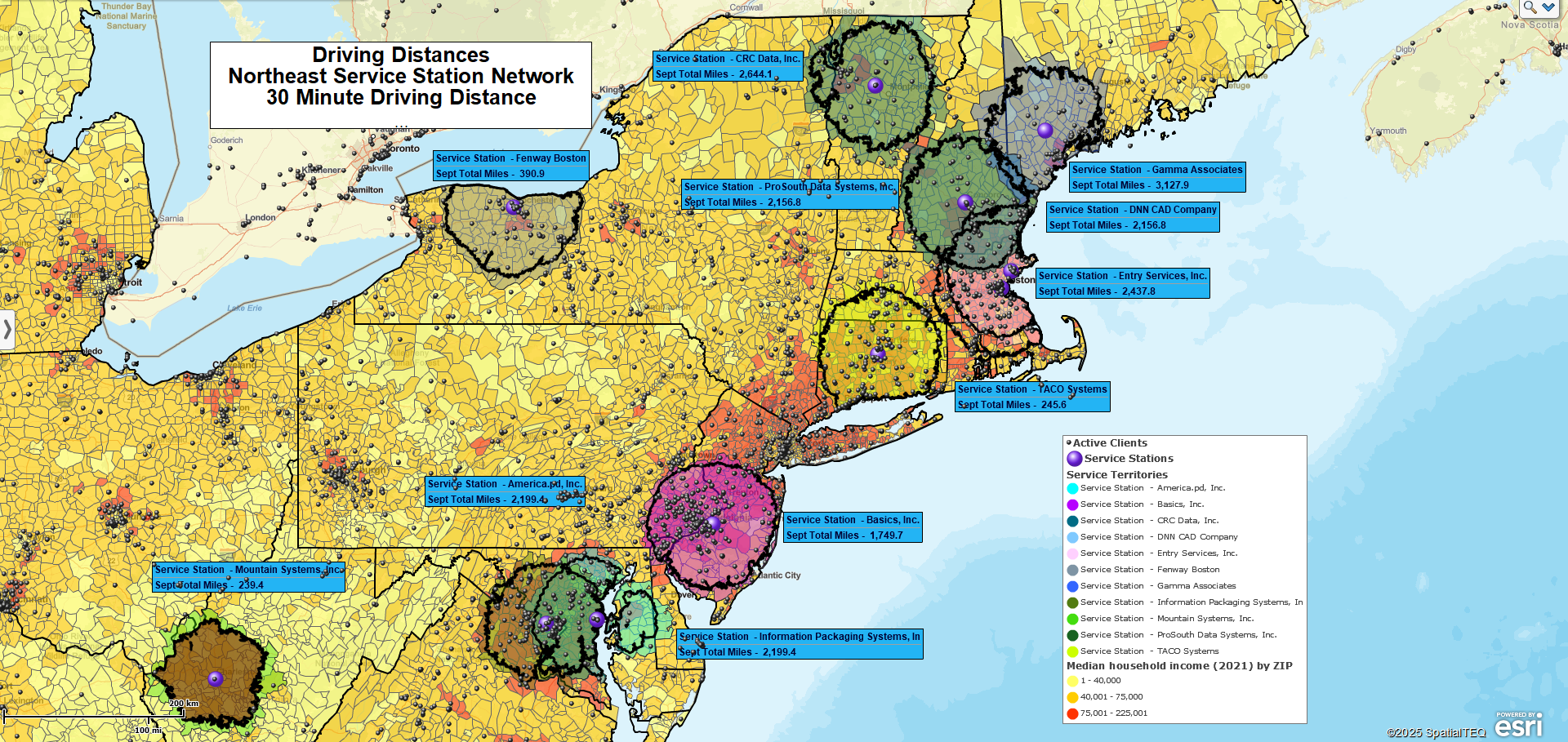 Service station network drive time areas