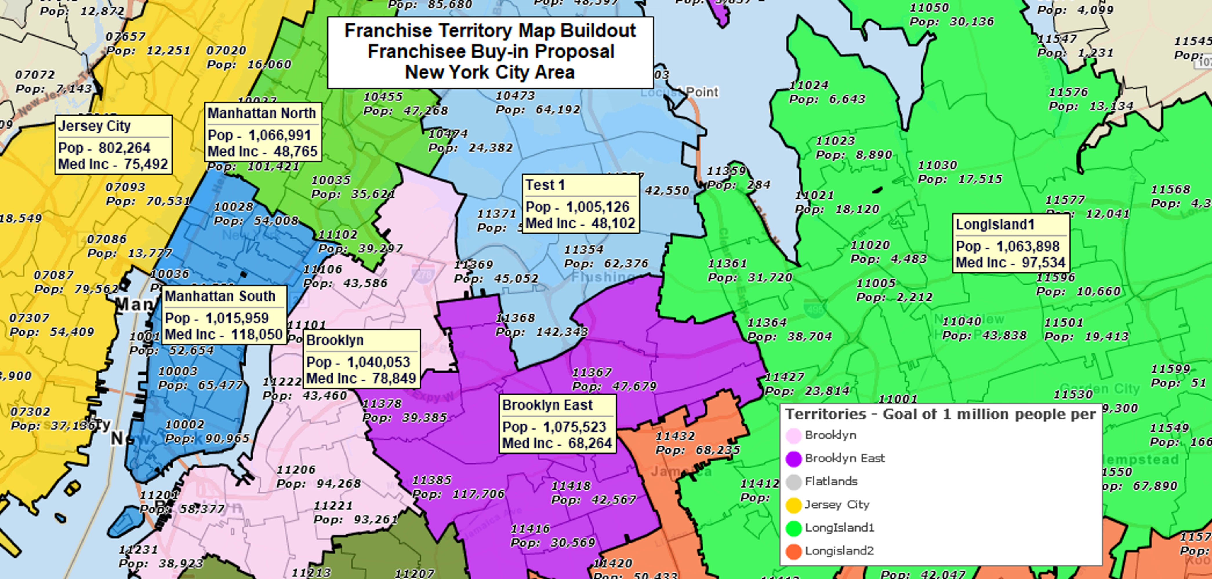 New York City area franchisee territory map balanced by population count
