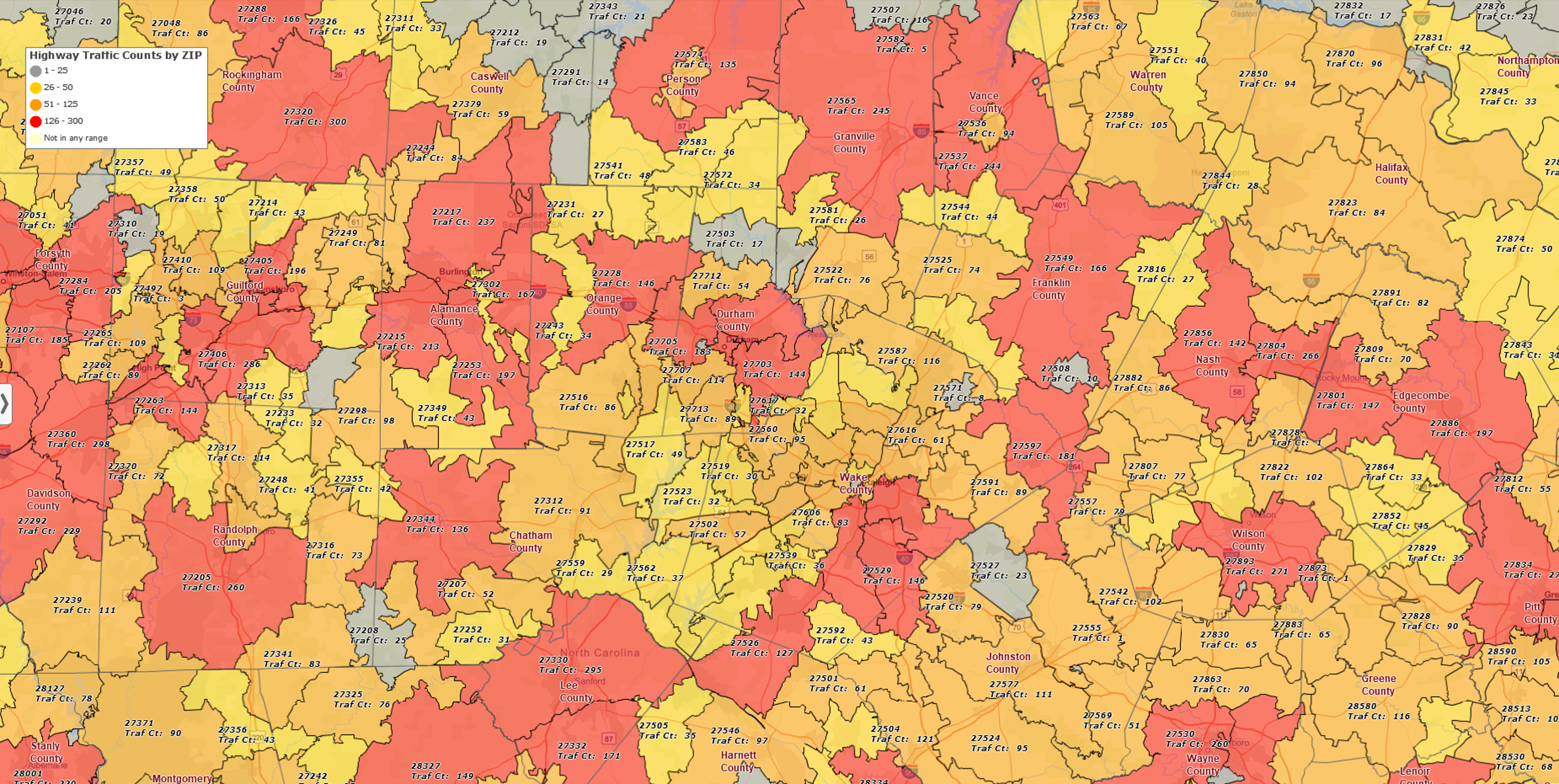 Highway traffic counts by ZIP code heat map