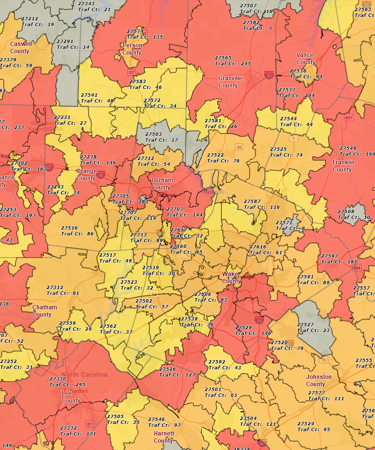 Highway traffic counts heat map by ZIP code