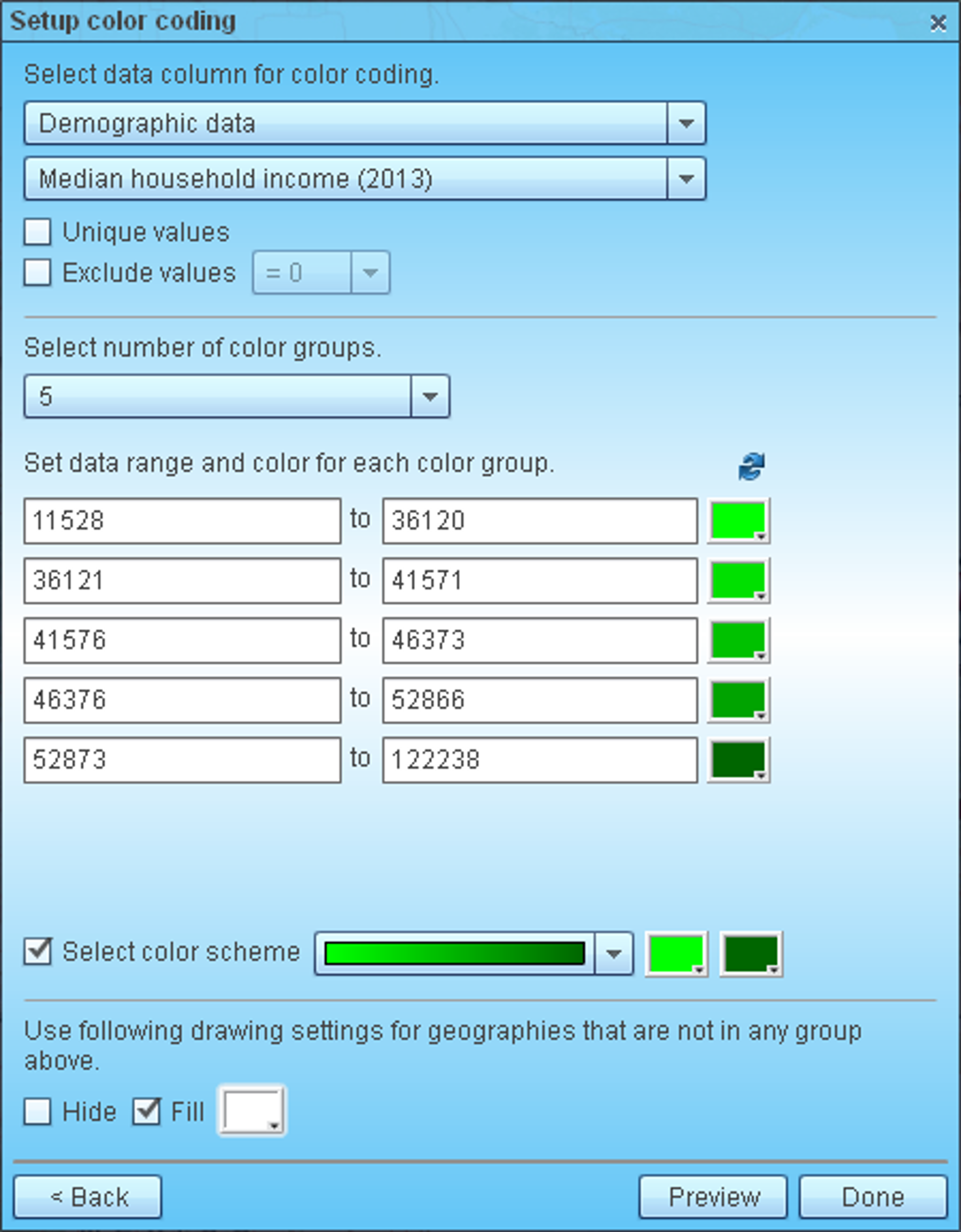 Setup color coding ranges and color scheme