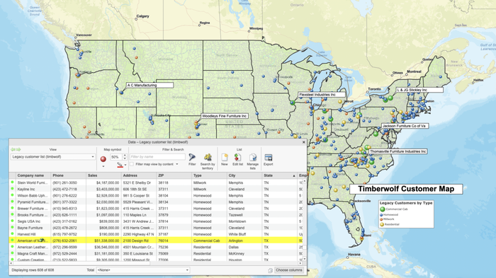 Timber Wolf Customer Map created using MapBusinessOnline